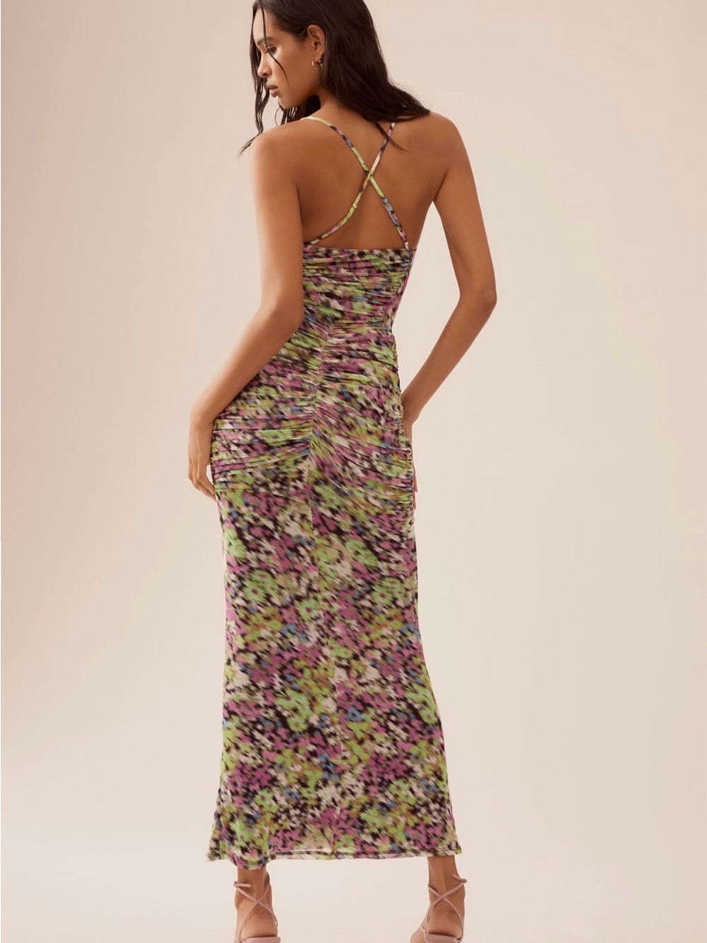 AFRM Floral Ruched Strappy Maxi Dress - Pink & Green
